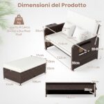 Costway Divano letto in rattan per patio set 2 pezzi con pouf contenitore tavolini laterali pieghevoli, Divanetto per giardino & piscina Bianco - immagine 5
