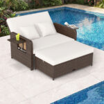 Costway Divano letto in rattan per patio set 2 pezzi con pouf contenitore tavolini laterali pieghevoli, Divanetto per giardino & piscina Bianco - immagine 3
