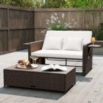Costway Divano letto in rattan per patio set 2 pezzi con pouf contenitore tavolini laterali pieghevoli, Divanetto per giardino & piscina Bianco - immagine 2