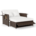Costway Divano letto in rattan per patio set 2 pezzi con pouf contenitore tavolini laterali pieghevoli, Divanetto per giardino & piscina Bianco
