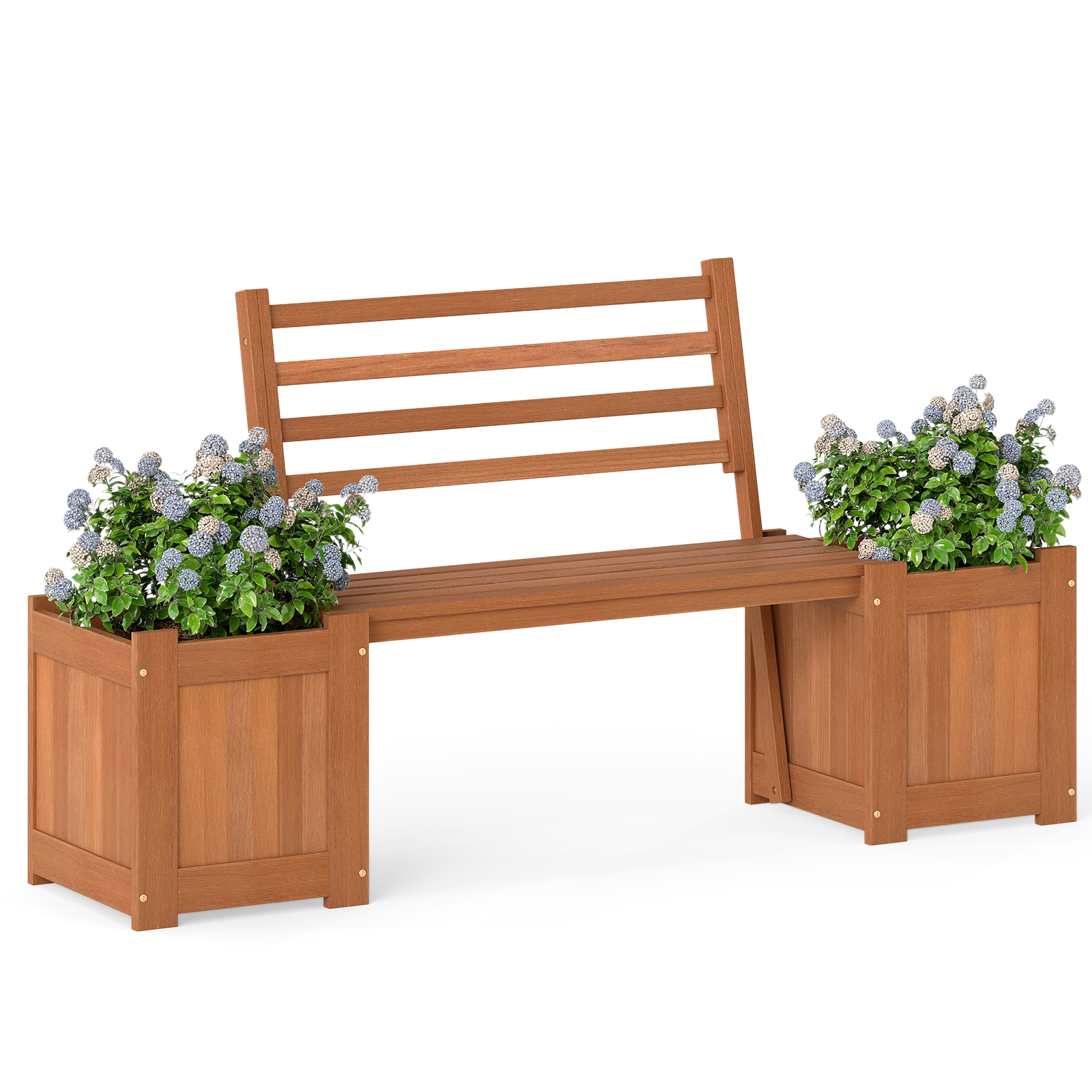 Fioriera-da-esterno-in-legno-con-panca-schienale-e-base-aperta-finiture-olio-di-teak-mediaId103576992-1772265851.jpg Costway Fioriera da esterno in legno con panca schienale e base aperta finiture olio di teak, Sedile da giardino con 2 fioriere per cortile e balcone - immagine 1