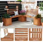 Costway Fioriera da esterno in legno con panca schienale e base aperta finiture olio di teak, Sedile da giardino con 2 fioriere per cortile e balcone - immagine 7
