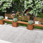 Costway Fioriera da esterno in legno con panca schienale e base aperta finiture olio di teak, Sedile da giardino con 2 fioriere per cortile e balcone - immagine 4