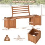 Costway Fioriera da esterno in legno con panca schienale e base aperta finiture olio di teak, Sedile da giardino con 2 fioriere per cortile e balcone - immagine 6