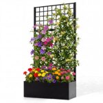 Costway Fioriera zincata con traliccio per fiori e verdure e frutta, Letto rialzato per orto con drenaggio grigliato rampicanti - immagine 4