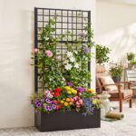 Costway Fioriera zincata con traliccio per fiori e verdure e frutta, Letto rialzato per orto con drenaggio grigliato rampicanti - immagine 3