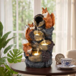 Costway Fontana a cascata con 4 luci led in resina selezionata, Fontana a forma di scoiattolo e nocciola flusso d'acqua rilassante - immagine 2