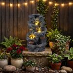 Costway Fontana da giardino 5 livelli con LED e pompa regolabile, Fontanella elettrica in resina roccia per interni/esterni - immagine 4