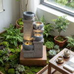 Costway Fontana da giardino a 4 livelli con 3 luci led pompa silenziosa e velocità regolabile, Fontana cascata da esterno in resina - immagine 2