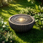 Costway Fontana da giardino con effetto di pietra a forma di ciotola, Fontanella elettrica in resina con luci e flusso d'acqua regolabile - immagine 3