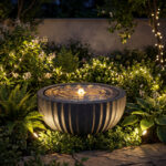 Costway Fontana da giardino con effetto di pietra a forma di ciotola, Fontanella elettrica in resina con luci e flusso d'acqua regolabile - immagine 4