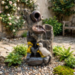Costway Fontana da giardino con illuminazione led e pompa, Fontana a cascata in resina effetto pietra e legno con anatre - immagine 2