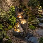 Costway Fontana da giardino con illuminazione led e pompa, Fontana a cascata in resina effetto pietra e legno con anatre - immagine 4