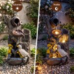 Costway Fontana da giardino con illuminazione led e pompa, Fontana a cascata in resina effetto pietra e legno con anatre - immagine 10