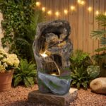 Costway Fontana da giardino ornamento cascata con illuminazione led e pompa, Fontana a cascata in stile roccia con muschio artificiale - immagine 4
