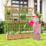 Costway Contenitore per piante in legno con traliccio e fori di drenaggio, Letto da giardino elevato per piante rampicanti e fiori 180 cm Naturale - immagine 2
