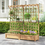 Costway Contenitore per piante in legno con traliccio e fori di drenaggio, Letto da giardino elevato per piante rampicanti e fiori 180 cm Naturale - immagine 3