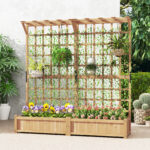 Costway Contenitore per piante in legno con traliccio e fori di drenaggio, Letto da giardino elevato per piante rampicanti e fiori 180 cm Naturale - immagine 4