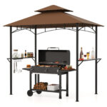 Costway Gazebo barbecue copertura doppio strato con 2 ripiani 7 ganci, Tenda per picnic e barbecue per giardino piscina e terrazza Caffè