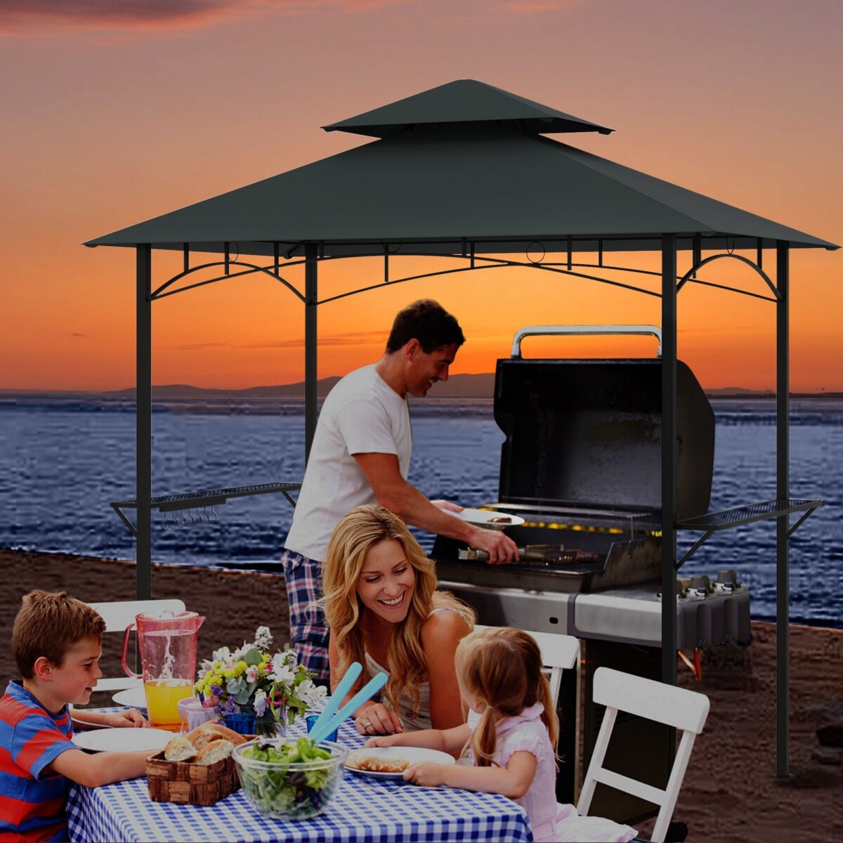 Costway Gazebo barbecue copertura doppio strato con 2 ripiani 7 ganci, Tenda per picnic e barbecue per giardino piscina e terrazza Grigio - immagine 3
