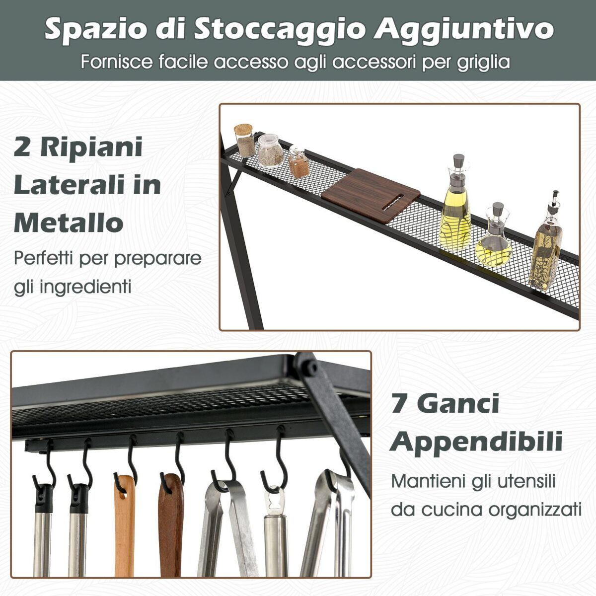 Costway Gazebo barbecue copertura doppio strato con 2 ripiani 7 ganci, Tenda per picnic e barbecue per giardino piscina e terrazza Grigio - immagine 7