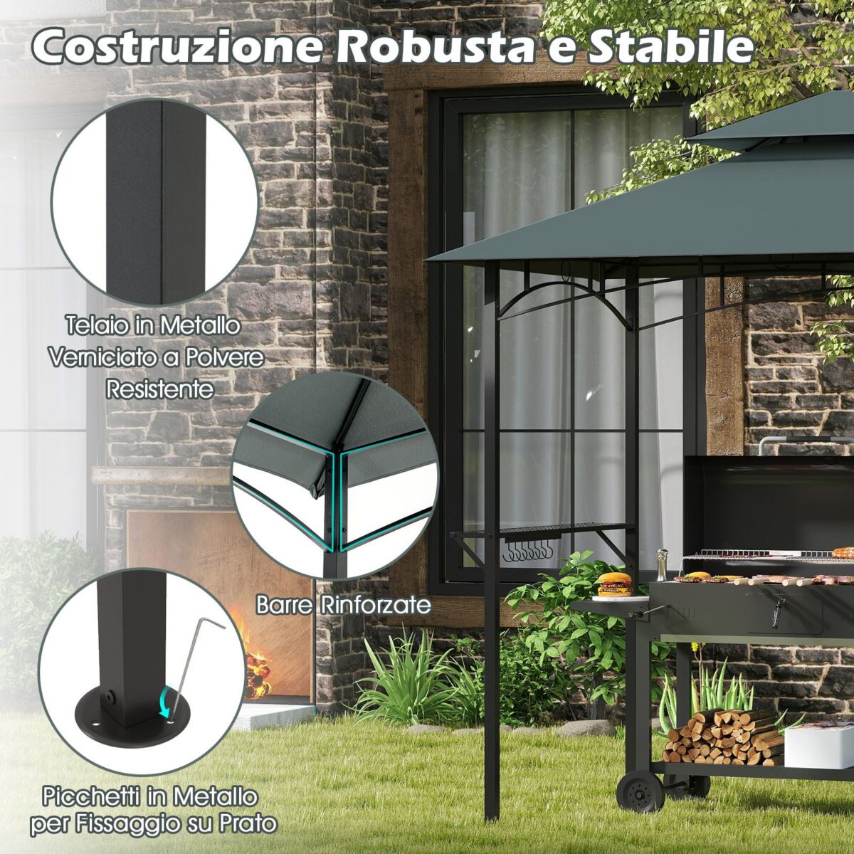 Costway Gazebo barbecue copertura doppio strato con 2 ripiani 7 ganci, Tenda per picnic e barbecue per giardino piscina e terrazza Grigio - immagine 8