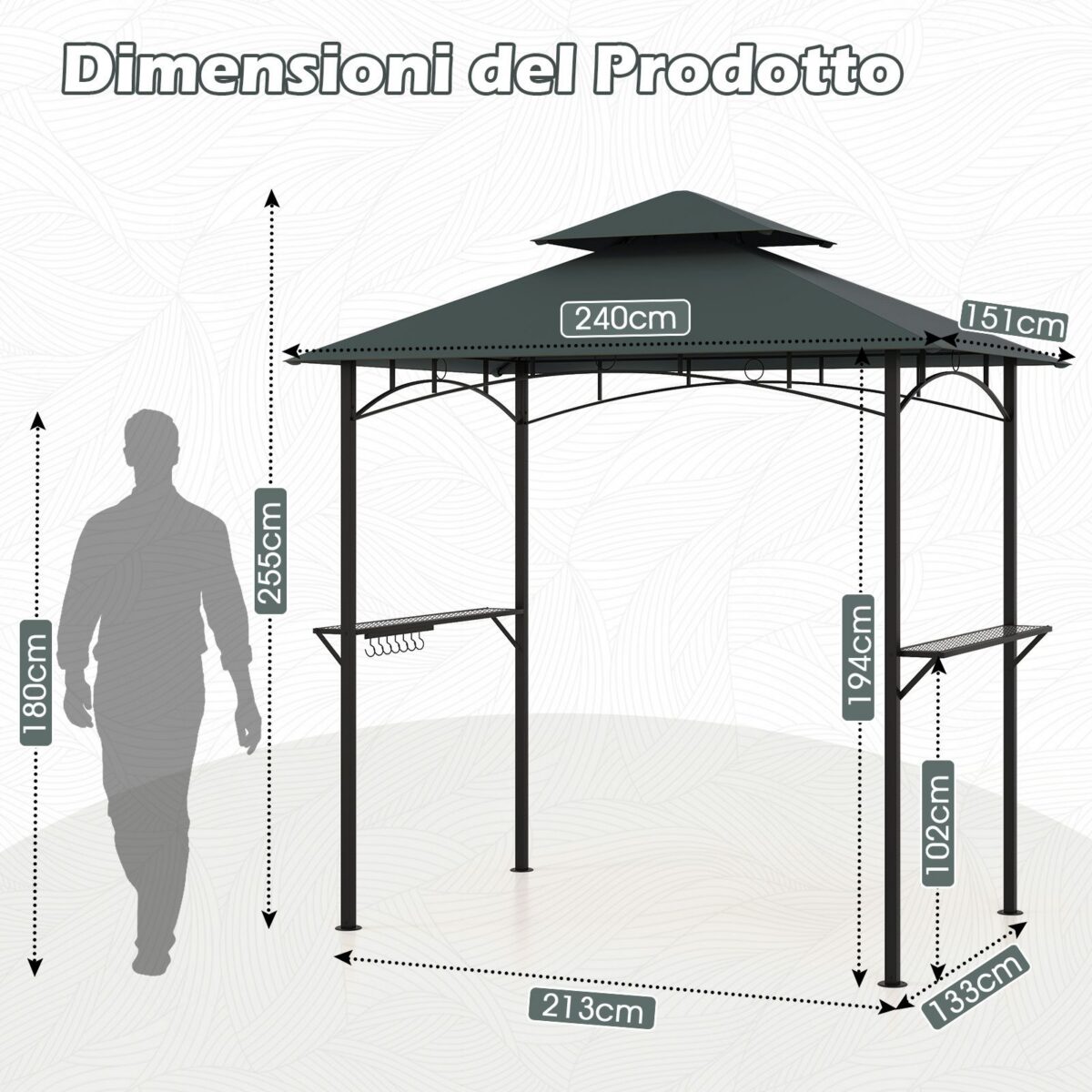 Costway Gazebo barbecue copertura doppio strato con 2 ripiani 7 ganci, Tenda per picnic e barbecue per giardino piscina e terrazza Grigio - immagine 5