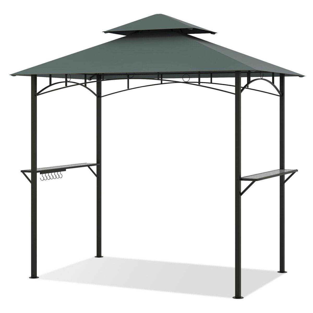 Costway Gazebo barbecue copertura doppio strato con 2 ripiani 7 ganci, Tenda per picnic e barbecue per giardino piscina e terrazza Grigio - immagine 4