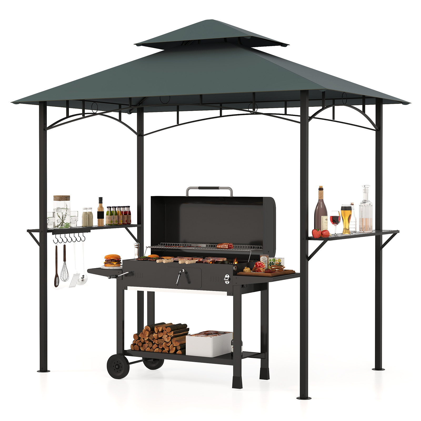 Gazebo-barbecue-copertura-doppio-strato-con-2-ripiani-7-ganci-mediaId103785562-1773913078.jpg Costway Gazebo barbecue copertura doppio strato con 2 ripiani 7 ganci, Tenda per picnic e barbecue per giardino piscina e terrazza Grigio - immagine 1