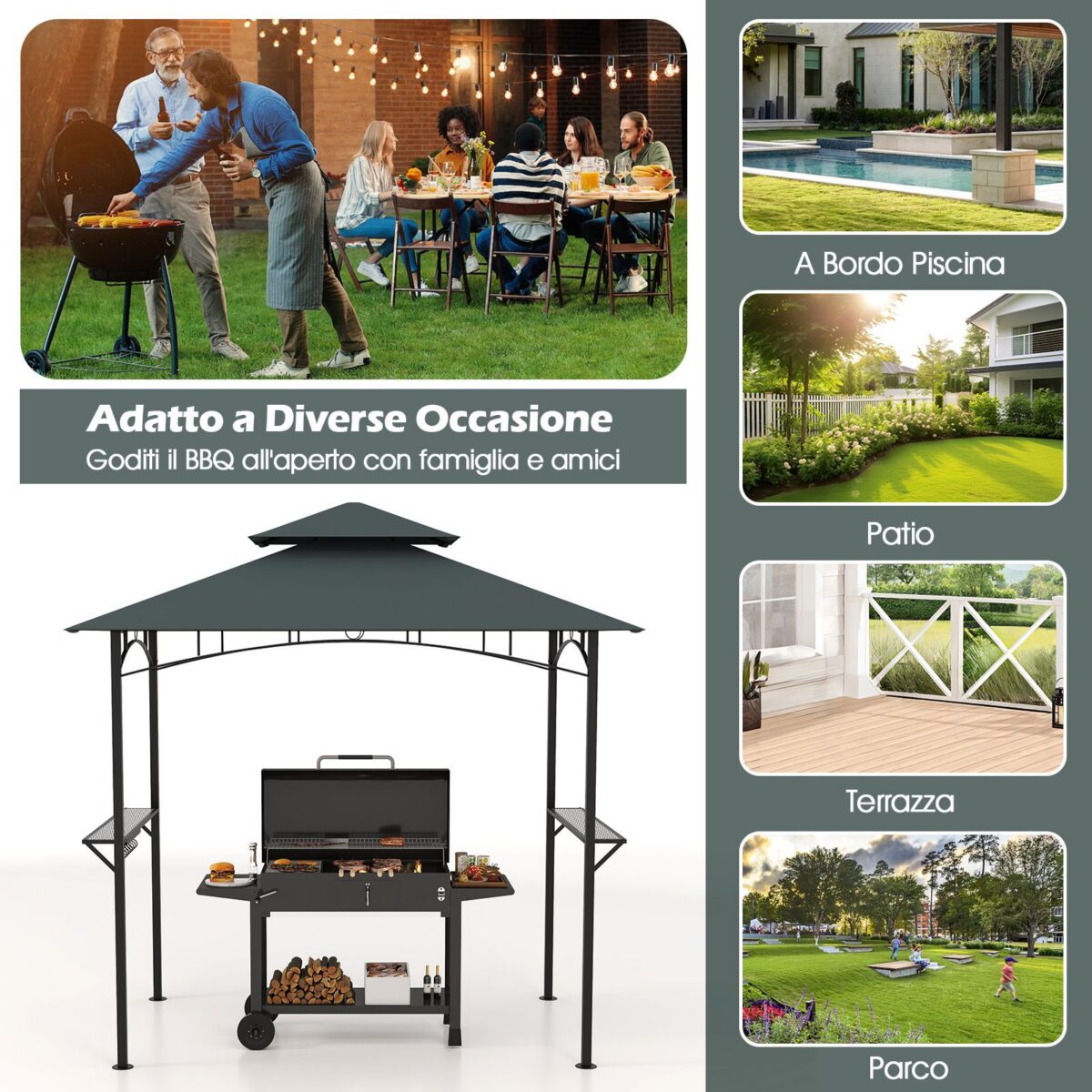 Costway Gazebo barbecue copertura doppio strato con 2 ripiani 7 ganci, Tenda per picnic e barbecue per giardino piscina e terrazza Grigio - immagine 6