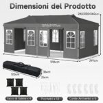 Costway Gazebo da esterno pieghevole 3 x 6 m con pareti rimovibili striscie riflettenti sacchi di sabbia, Tendone pop up regolabile in altezza Grigio - immagine 3