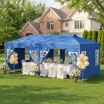 Costway Gazebo da esterno pieghevole 3 x 6 m con pareti rimovibili striscie riflettenti sacchi di sabbia, Tendone pop up regolabile in altezza Blu - immagine 2