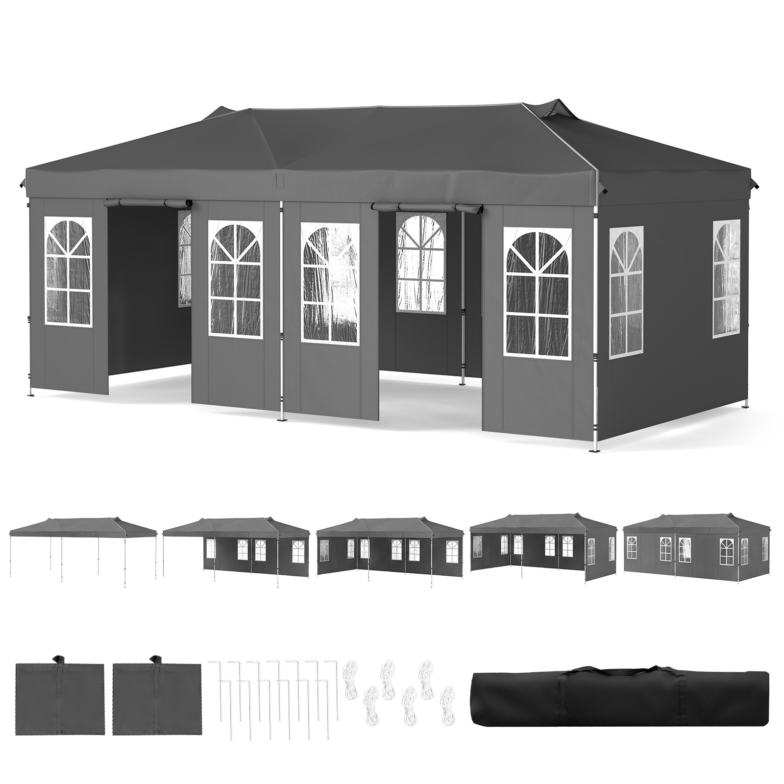 Gazebo-da-esterno-pieghevole-3-x-6-m-con-pareti-rimovibili-striscie-riflettenti-sacchi-di-sabbia-mediaId105136398-1782268262.jpg Costway Gazebo da esterno pieghevole 3 x 6 m con pareti rimovibili striscie riflettenti sacchi di sabbia, Tendone pop up regolabile in altezza Grigio - immagine 1