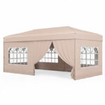 Costway Gazebo da esterno pieghevole con pareti laterali 6 sacchi di sabbia e borsa, Gazebo regolabile in altezza Beige