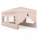 Costway Gazebo da esterno pieghevole con pareti laterali 6 sacchi di sabbia e borsa, Gazebo regolabile in altezza Beige - immagine 4