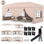 Costway Gazebo da esterno pieghevole con pareti laterali 6 sacchi di sabbia e borsa, Gazebo regolabile in altezza Beige - immagine 5