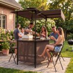 Costway Gazebo da esterno resistente per barbecue con tavolo da bar, Gazebo 4 ripiani in metallo 2 sgabelli pieghevoli per barbecue da cortile Marrone - immagine 4