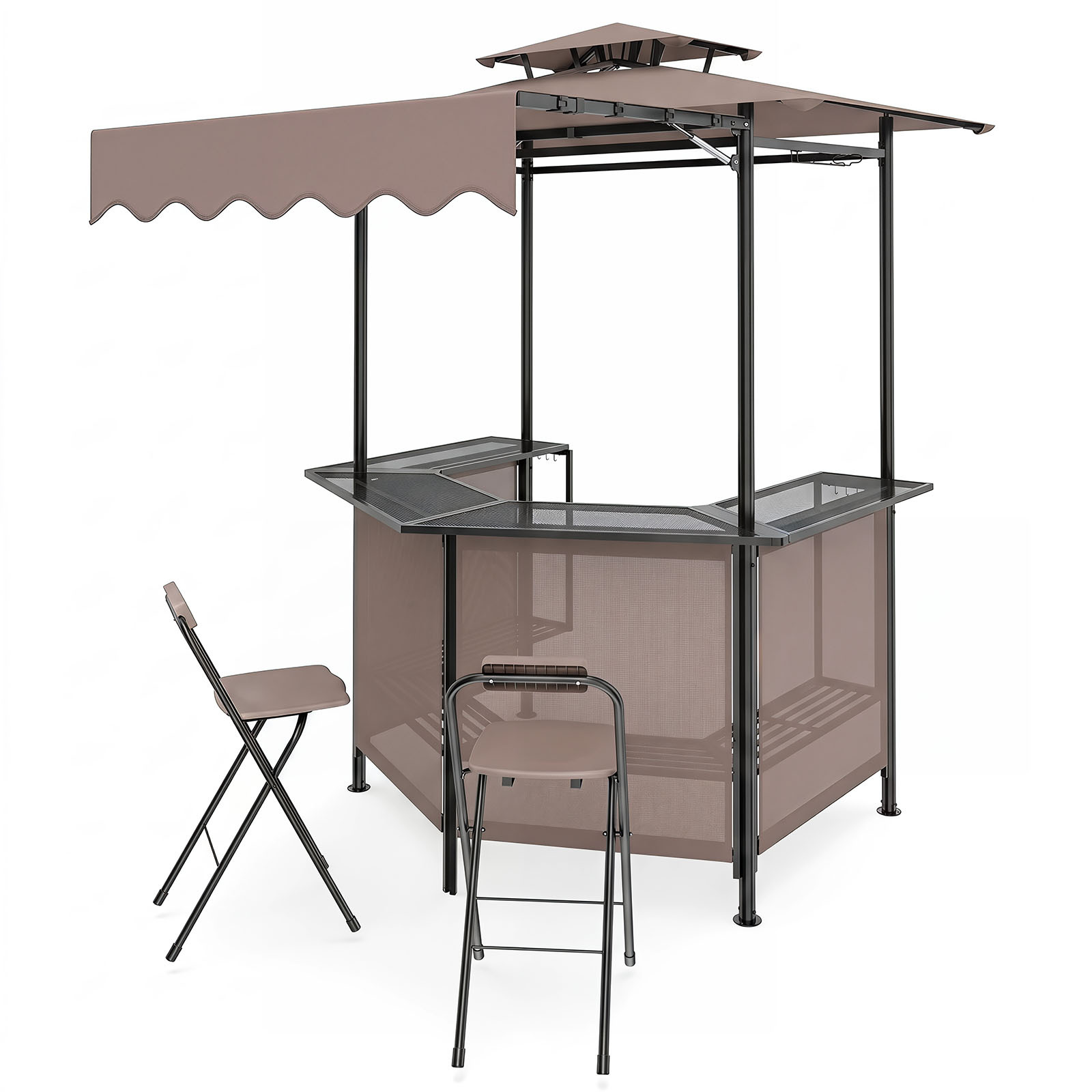 Gazebo-da-esterno-resistente-per-barbecue-con-tavolo-da-bar-mediaId105165347-1783921093.jpg Costway Gazebo da esterno resistente per barbecue con tavolo da bar, Gazebo 4 ripiani in metallo 2 sgabelli pieghevoli per barbecue da cortile Marrone - immagine 1