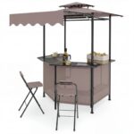 Costway Gazebo da esterno resistente per barbecue con tavolo da bar, Gazebo 4 ripiani in metallo 2 sgabelli pieghevoli per barbecue da cortile Marrone - immagine 6