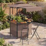 Costway Gazebo da esterno resistente per barbecue con tavolo da bar, Gazebo 4 ripiani in metallo 2 sgabelli pieghevoli per barbecue da cortile Marrone - immagine 3
