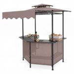 Costway Gazebo da esterno resistente per barbecue con tavolo da bar, Gazebo 4 ripiani in metallo 2 sgabelli pieghevoli per barbecue da cortile Marrone - immagine 5