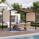 Costway Gazebo da giardino con tetto arcuato tettuccio scorrevole struttura metallica e 8 picchetti, Gazebo da esterno Beige - immagine 2