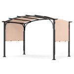 Costway Gazebo da giardino con tetto arcuato tettuccio scorrevole struttura metallica e 8 picchetti, Gazebo da esterno Beige