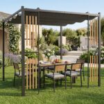 Costway Gazebo da giardino da esterno con 2 paraventi copertura avvolgibile struttura metallica, Gazebo con 8 picchetti per mercatini fiere e campeggio - immagine 2