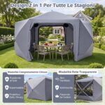 Costway Gazebo da giardino pieghevole pareti laterali a zanzariera 2 finestre rete 2 porte, Tenda esagonale impermeabile per 10-12 persone - immagine 10
