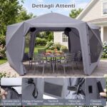 Costway Gazebo da giardino pieghevole pareti laterali a zanzariera 2 finestre rete 2 porte, Tenda esagonale impermeabile per 10-12 persone - immagine 11