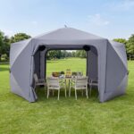 Costway Gazebo da giardino pieghevole pareti laterali a zanzariera 2 finestre rete 2 porte, Tenda esagonale impermeabile per 10-12 persone - immagine 2