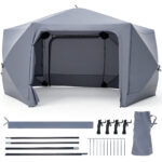 Costway Gazebo da giardino pieghevole pareti laterali a zanzariera 2 finestre rete 2 porte, Tenda esagonale impermeabile per 10-12 persone