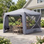Costway Gazebo da giardino pieghevole pareti laterali a zanzariera 2 finestre rete 2 porte, Tenda esagonale impermeabile per 10-12 persone - immagine 3