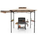 Costway Gazebo per barbecue con tendalino laterale tetto a 2 livelli 2 ripiani laterali, Rifugio per barbecue Beige